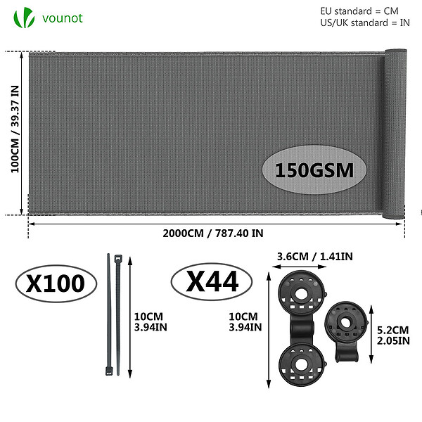 VOUNOT - Brise vue occultant en HDPE 150g/m² 1x20m avec attaches de fixation gris - large