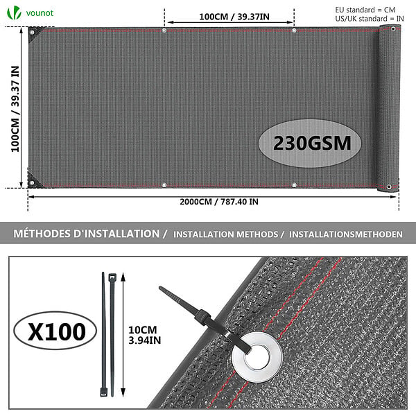 VOUNOT - Brise vue occultant en HDPE 230g/m² 1x20m avec attaches de fixation gris - large