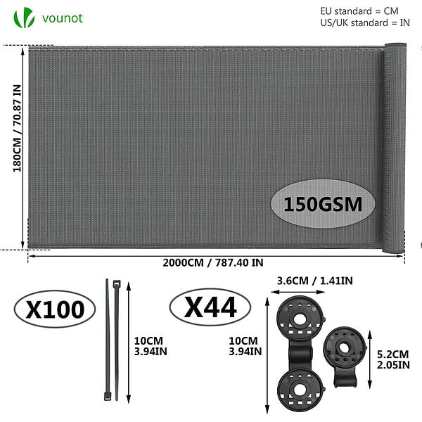 VOUNOT - Brise vue occultant en HDPE 150g/m² 1.8x20m avec attaches de fixation gris - large