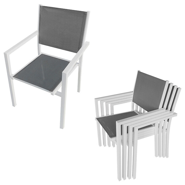 HAPPY GARDEN - Salon de jardin BERGAMO en textilène gris 6 places - aluminium blanc - large
