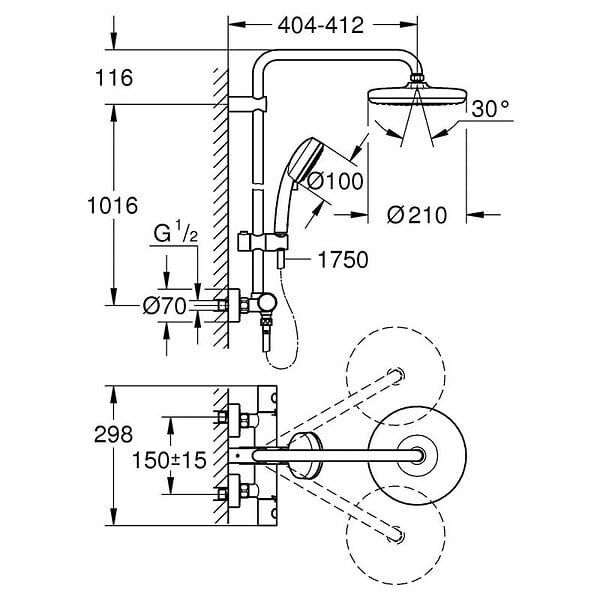 GROHE - Colonne thermostatique TEMPESTA COSMOPOLITAN SYSTEM 210 GROHE 27922001 - Ø  21 cm + douchette 2 jets - chromé - large