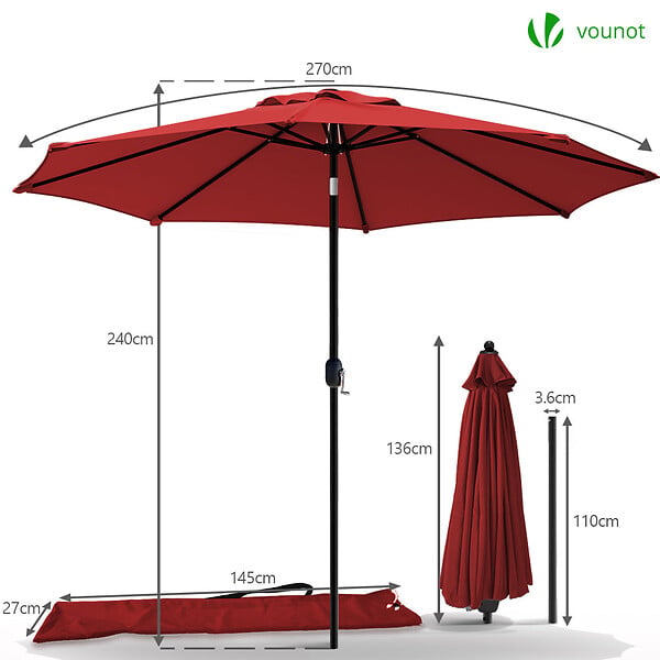 VOUNOT - Parasol inclinable 2.70 x 2.40m avec housse de protection rouge - large