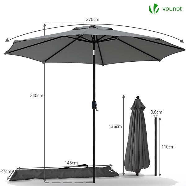 VOUNOT - Parasol inclinable 2.70 x 2.40m avec housse de protection gris - large