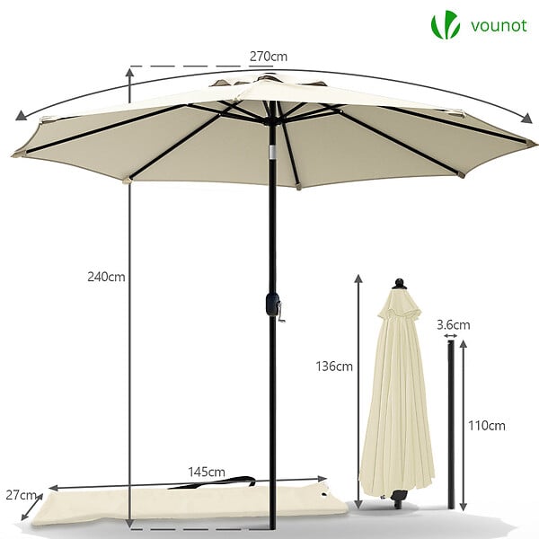 VOUNOT - Parasol inclinable 2.70 x 2.40m avec housse de protection beige - large