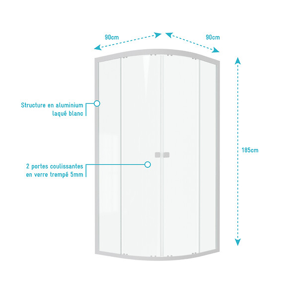 AURLANE - Porte de douche 1/4 cercle blanc 90x90cm de largeur - verre transparent - WHITY ROUND - large