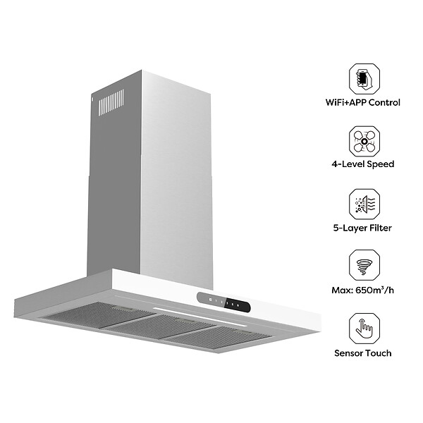 CIARRA - Hotte Connectée 90cm 650 m3/h App contrôle et Tactile Booster Fonction Verre Blanc CD9102W - large