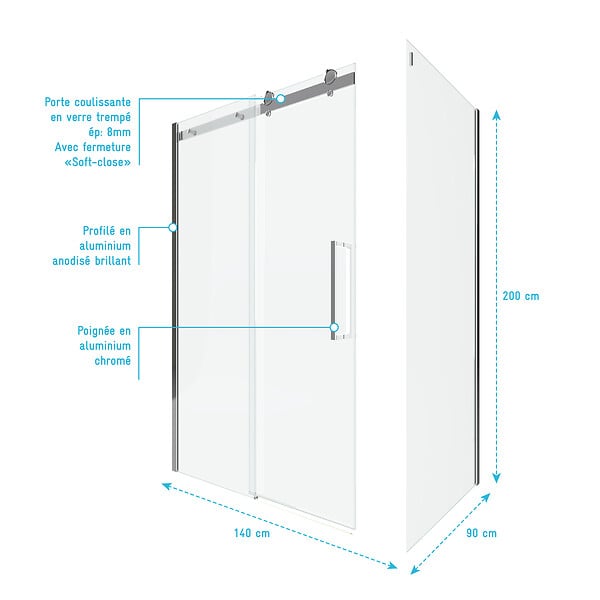 AURLANE - Porte de douche coulissante + retour 140X90cm - RAILROAD CHROMED 140 FRONT-90 - large