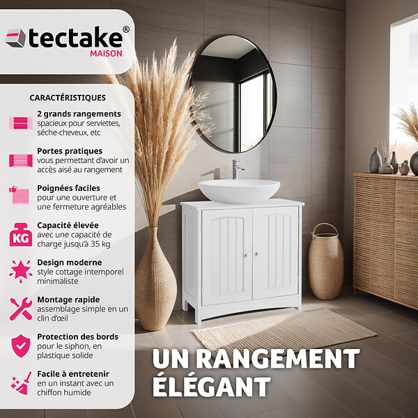 TECTAKE - Meuble sous-lavabo Jasper, 2 compartiments, une capacité de charge de 35 kg - large