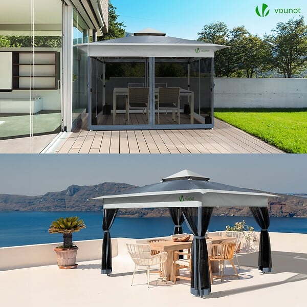 VOUNOT - Tonnelle de jardin exterieure pliable avec moustiquaire Pop up 3.6x3.6m gris - large