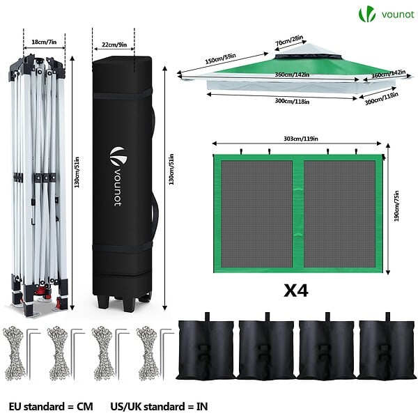 VOUNOT - Tonnelle de jardin exterieure pliable avec moustiquaire Pop up 3.6x3.6m vert - large
