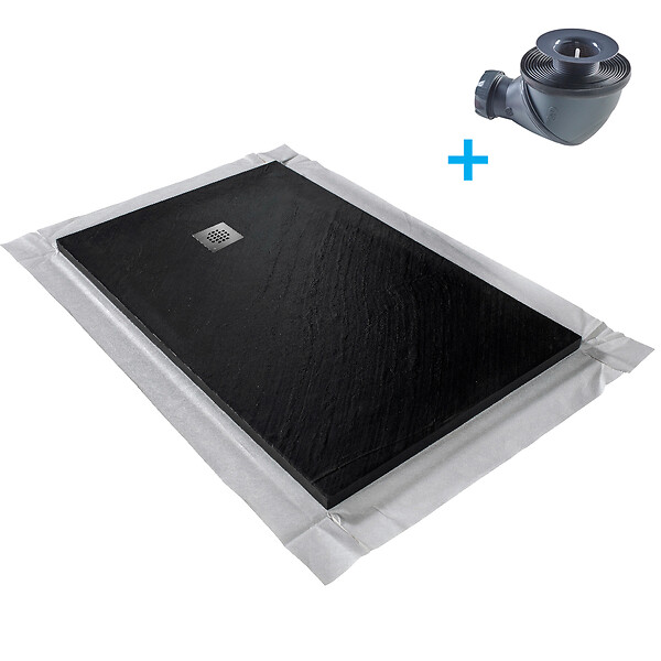 MARMOX - Receveur pierre naturelle graphite noir U-Tile grille carrée acier excentrée - large