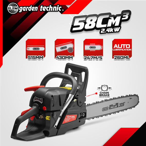 ELEM GARDEN TECHNIC - Tronçonneuse thermique 58cc - guide Oregon 51.5cm - large