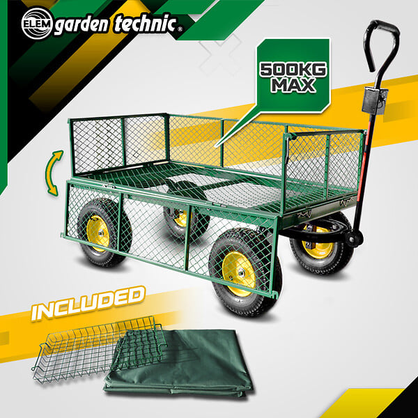 ELEM GARDEN TECHNIC - Chariot de jardin en acier avec bâche amovible  138x62x68CM - large
