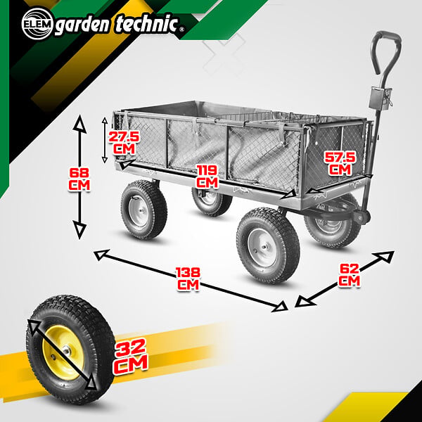 ELEM GARDEN TECHNIC - Chariot de jardin en acier avec bâche amovible  138x62x68CM - large