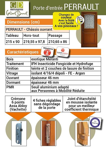 GD MENUISERIES - Porte d'entrée Bois Vitrée Perault, H215 x L90 cm Côte Tableau p. Gauche - large