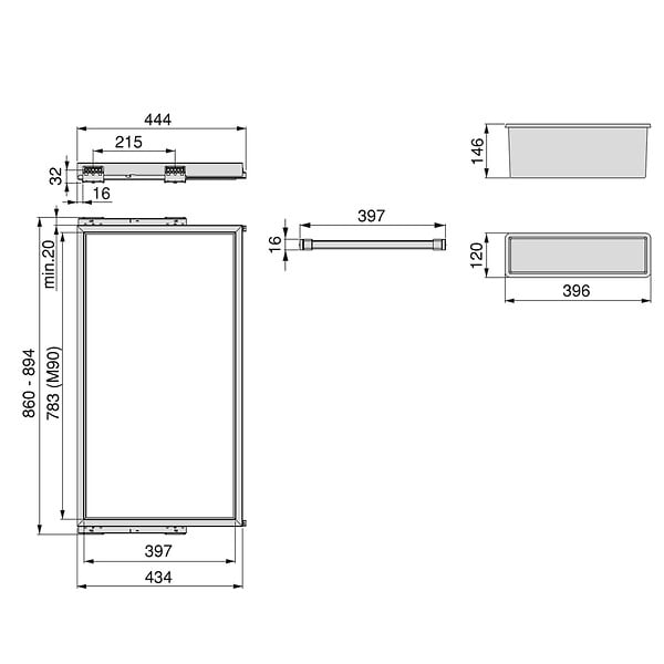 EMUCA - Kit de 7 porte-pantalons, 2 plateaux et cadre coulissant à fermeture douce pour armoires, réglable, module 900mm, Noir texturé - large