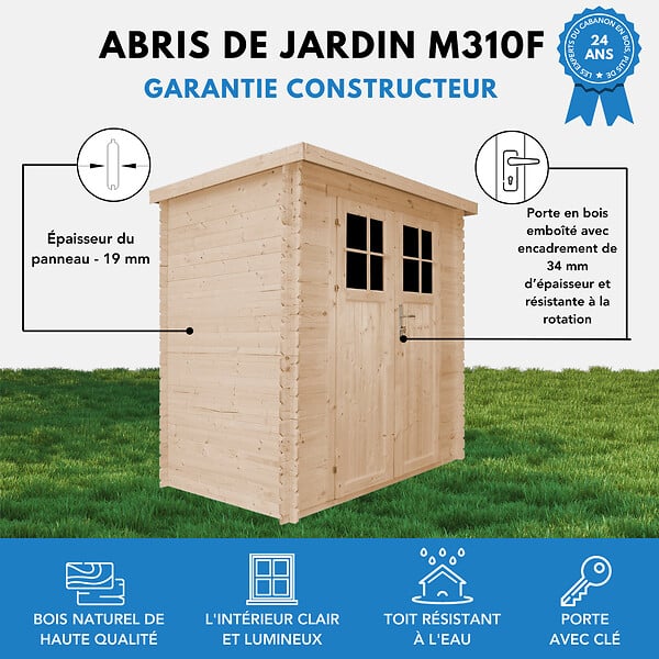 TIMBELA - Abri de jardin en bois - H200 x l239 x L142 cm / 2.63 m2 - porte verrouillable de haute qualité - M310F - large