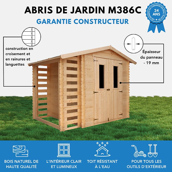 TIMBELA - TIMBELA M386C Abri de jardin en bois et range bûches extérieur I206xL272xH218 cm/ 3,53+0,94 m2 - large