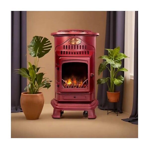 UNIVERSAL - Poele à gaz 3,4 KW Rouge Effet poêle à bois Fonte véritable + Tuyau gaz + détendeur butane Provence Sahara - large