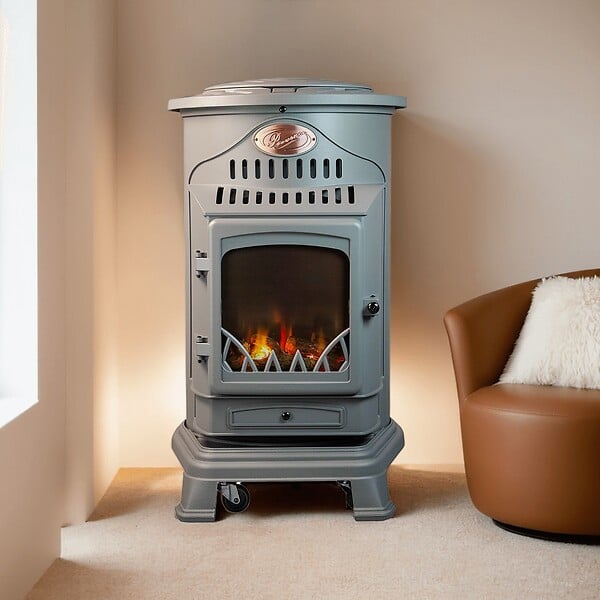 UNIVERSAL - Poêle à gaz Fonte véritable 3.4KW Gris Effet feu de bois Chauffage d'appoint Provence UNIVERSAL - large