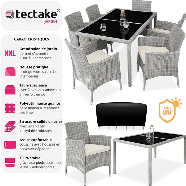 TECTAKE - Salon de jardin 6 places avec housse de protection gris clair/crème - large