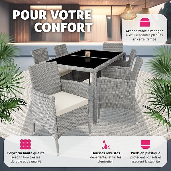 TECTAKE - Salon de jardin 6 places avec housse de protection gris clair/crème - large