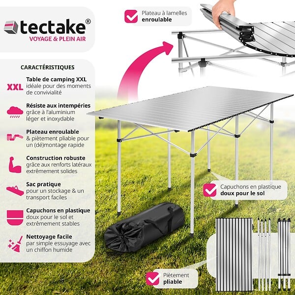 TECTAKE - Table pliante de camping en aluminium avec housse, 140 x 70 x 70 cm gris - large