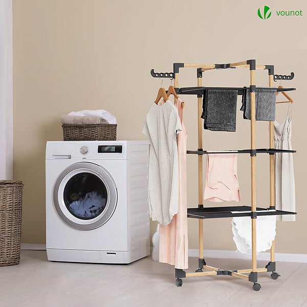 VOUNOT - Sechoir a linge etendoir tour pliable 3 niveaux 69x69x136 cm style bois noir - large