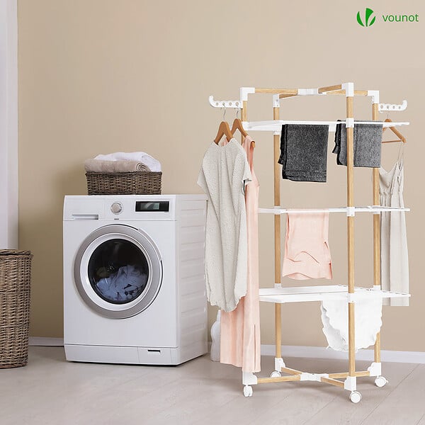 VOUNOT - Sechoir a linge etendoir tour pliable 3 niveaux 69x69x136 cm style bois blanc - large