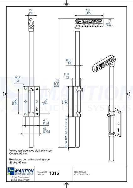 MANTION - Verrou renforcé à visser MANTION - Ø16 mm - L.500 mm - 1316 - large
