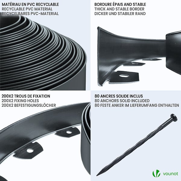 VOUNOT - Bordure de jardin PVC flexible 40m avec piquets anthracite - large
