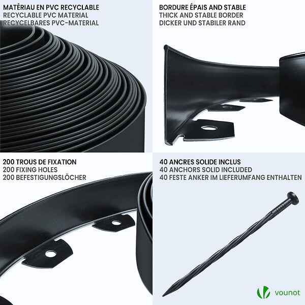 VOUNOT - Bordure de jardin PVC flexible 20m avec piquets noir - large