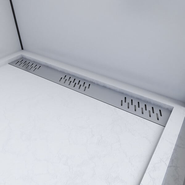 AURLANE - Receveur en acrylique Blanc Effet Pierre 90x120x4 cm - Grille Linéaire Chrome - MOON - large
