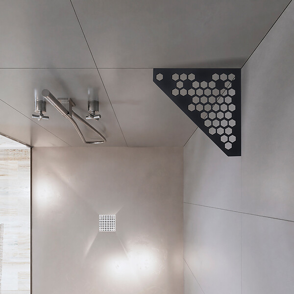 U-TILE - Etagère de douche en acier inox noir 20,4 x 20,4 cm x 2 mm - Pentagone design Hexagone - fixation sans perçage - large