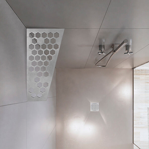U-TILE - Etagère de douche en acier inox 26,2 x 12/7 cm x 2 mm  - Rectangulaire design Hexagone - fixation sans perçage - large