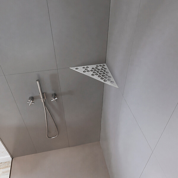 U-TILE - Etagère de douche en acier inox 20,4 x 20,4 cm x 2 mm - Triangulaire design Hexagone - fixation sans perçage - large