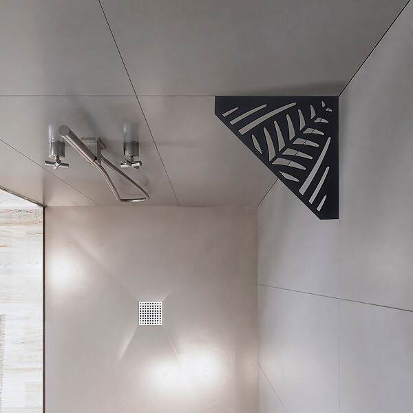 U-TILE - Etagère de douche en acier inox noir 20,4 x 20,4 cm x 2 mm -  Pentagone design Jungle - fixation sans perçage - large