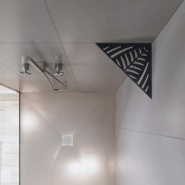 U-TILE - Etagère de douche en acier inox noir 20,4 x 20,4 cm x 2 mm - Triangulaire design Jungle - fixation sans perçage - large