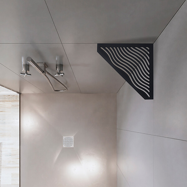U-TILE - Etagère de douche en acier inox noir 20,4 x 20,4 cm x 2 mm - Pentagone design Aqua - fixation sans perçage - large