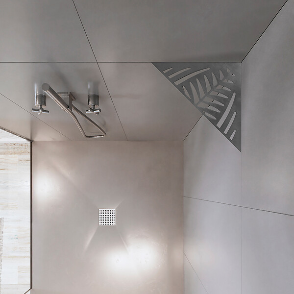 U-TILE - Etagère de douche en acier inox 20,4 x 20,4 cm x 2 mm - Triangulaire design Jungle - fixation sans perçage - large