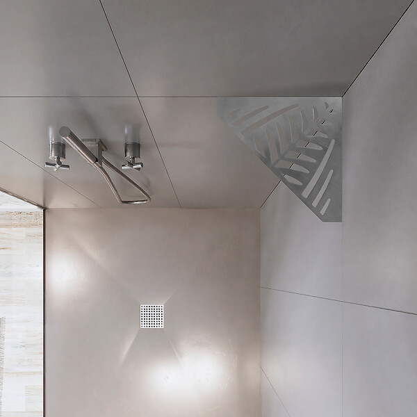U-TILE - Etagère de douche en acier inox 20,4 x 20,4 cm x 2 mm - Pentagone design Jungle - fixation sans perçage - large