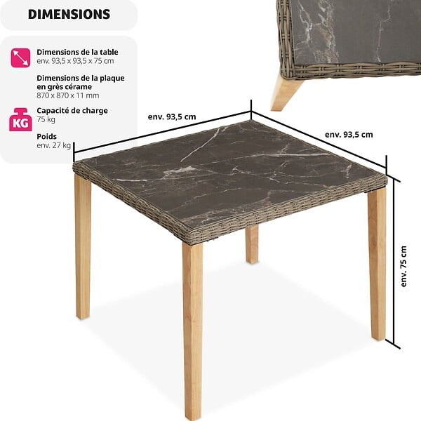 TECTAKE - Table en rotin Tarent 93,5 x 93,5 x 75 cm marron naturel - large