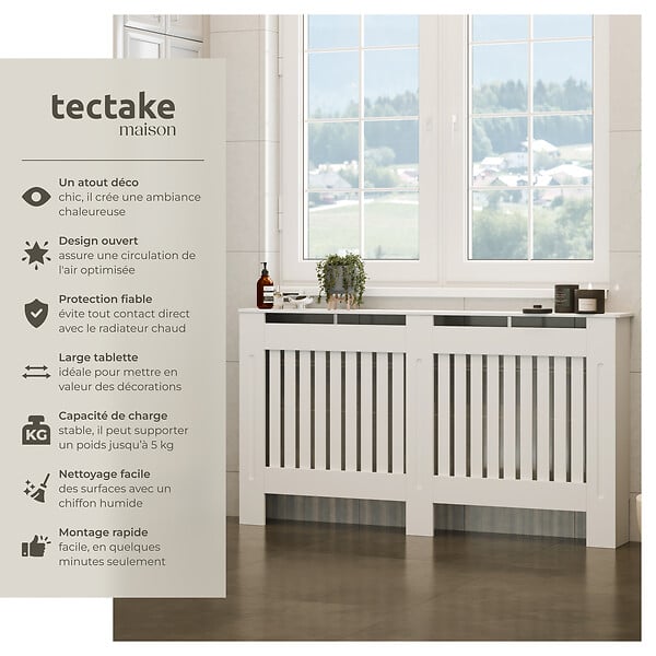 TECTAKE - Cache-radiateur VILA design à lattes avec étagère blanc - large