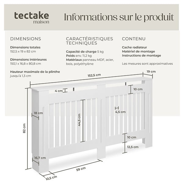 TECTAKE - Cache-radiateur VILA design à lattes avec étagère blanc - large