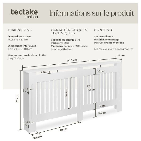 TECTAKE - Cache-radiateur VILA design à lattes avec étagère blanc - large
