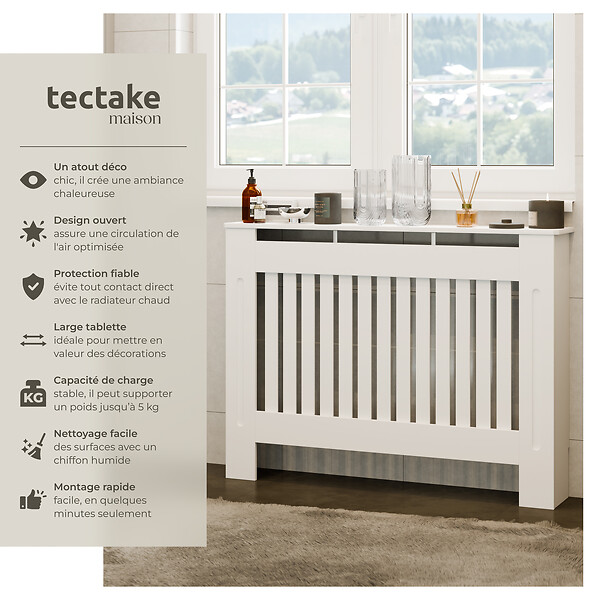 TECTAKE - Cache-radiateur VILA design à lattes avec étagère blanc - large