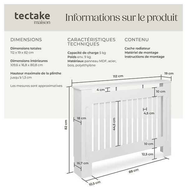 TECTAKE - Cache-radiateur VILA design à lattes avec étagère blanc - large
