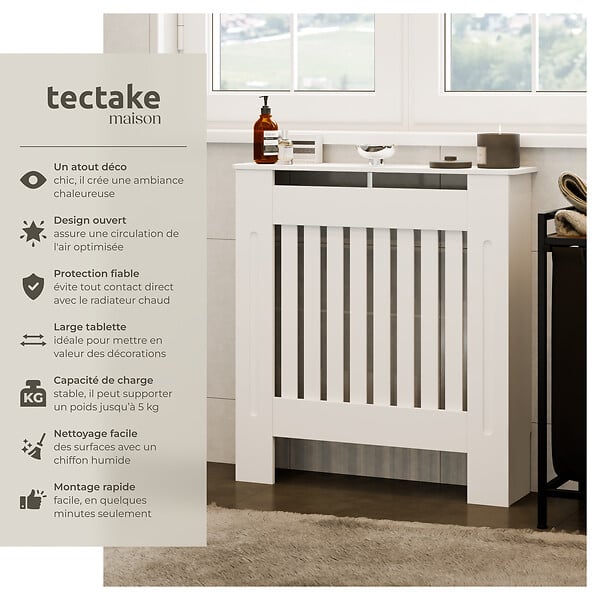 TECTAKE - Cache-radiateur VILA design à lattes avec étagère blanc - large
