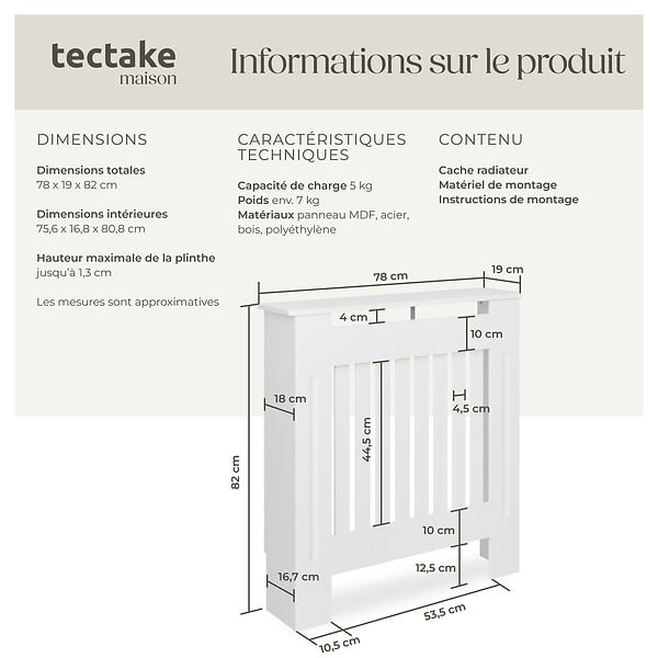 TECTAKE - Cache-radiateur VILA design à lattes avec étagère blanc - large