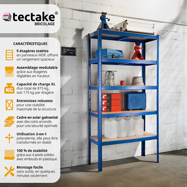 TECTAKE - Etagères charges lourdes à 5 niveaux bleu - large